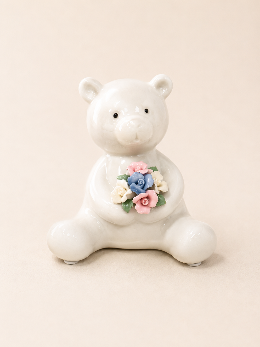 Ceramic Bear Holding Flowers - Sitting