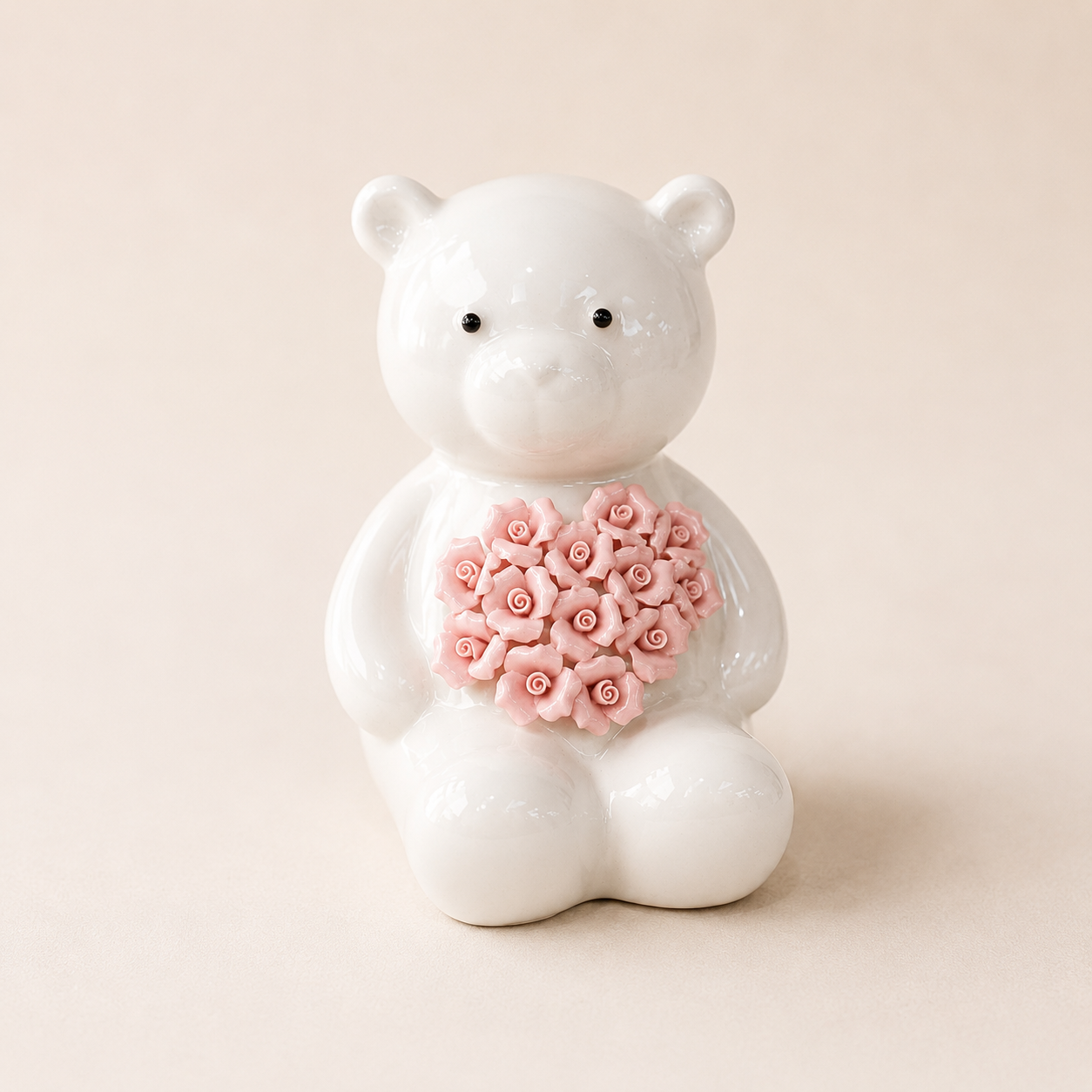 Ceramic Bear with Heart Flowers - Sitting