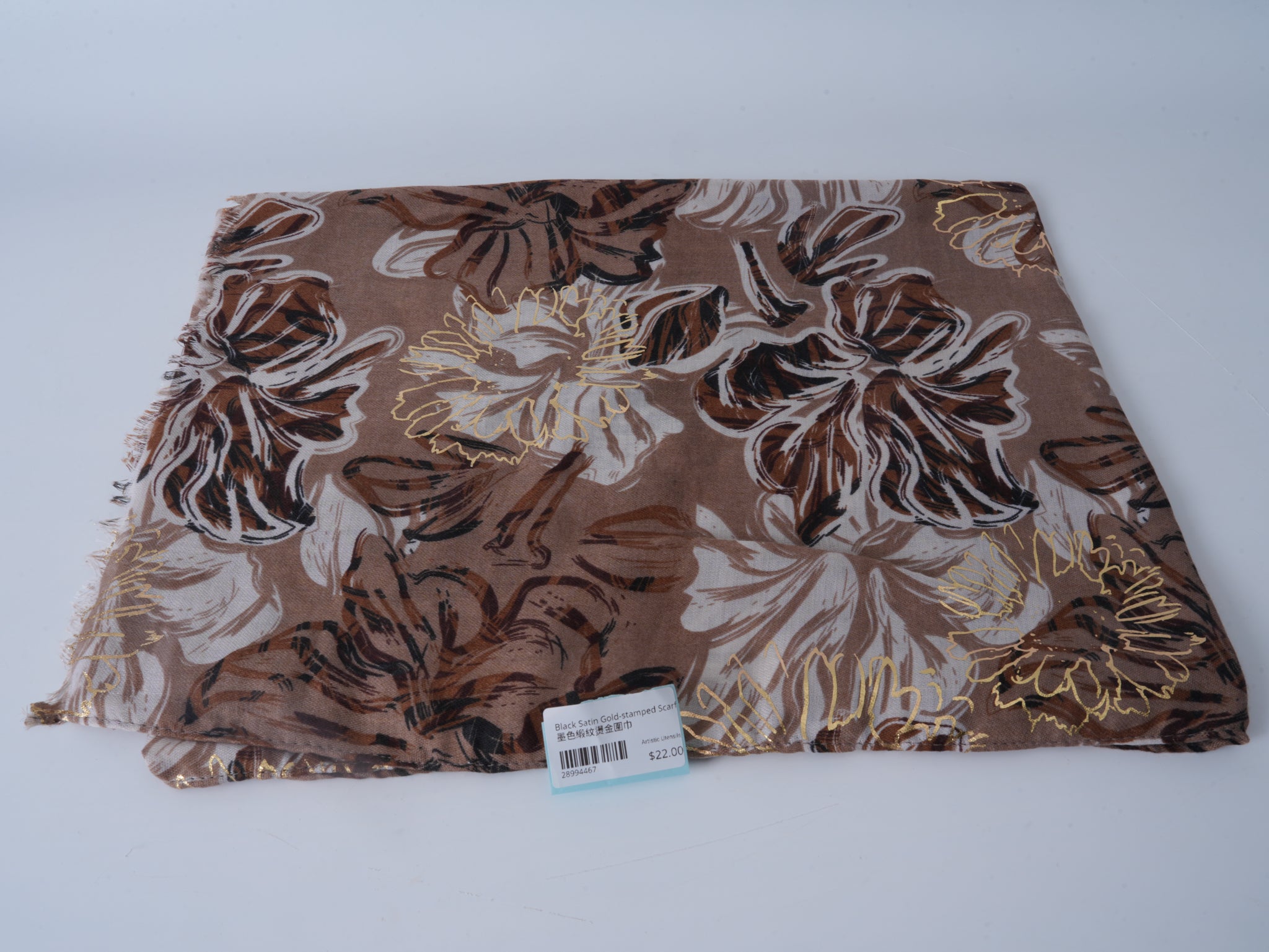 Black Satin Gold-Stamped Scarf