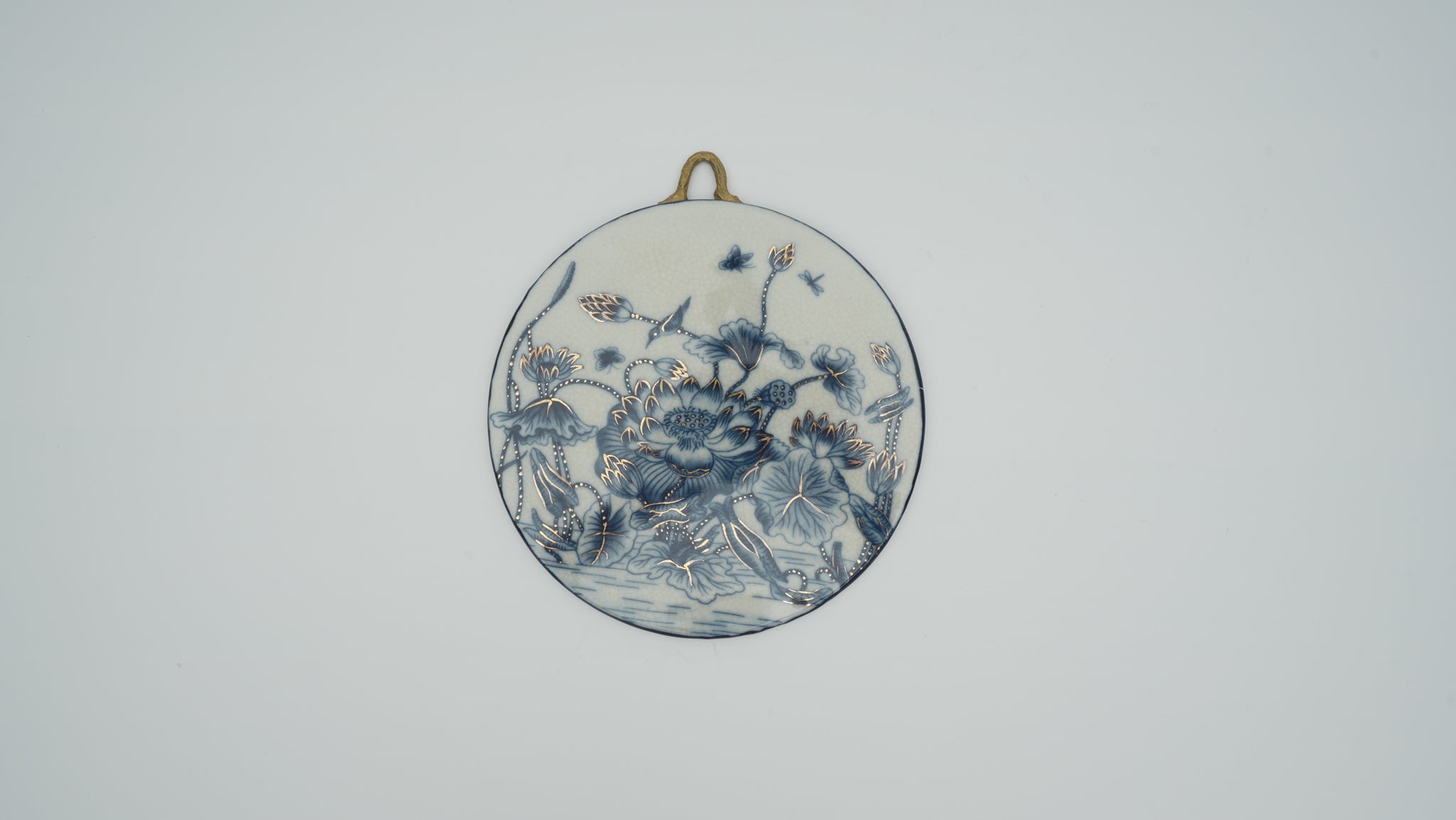 Small-sized Blue and White Porcelain Plaque with Lotus Pattern for Wall Hanging