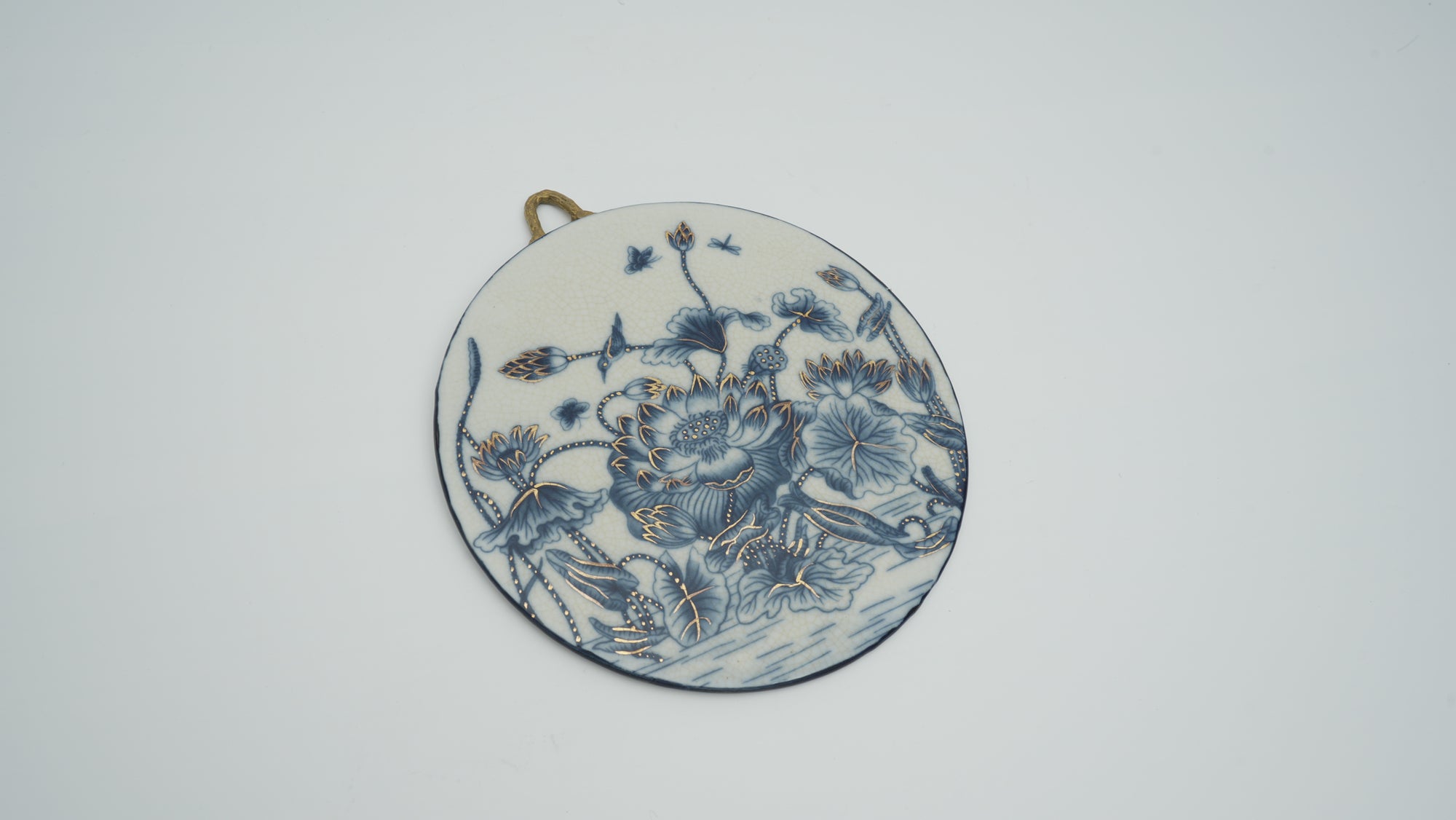 Small-sized Blue and White Porcelain Plaque with Lotus Pattern for Wall Hanging