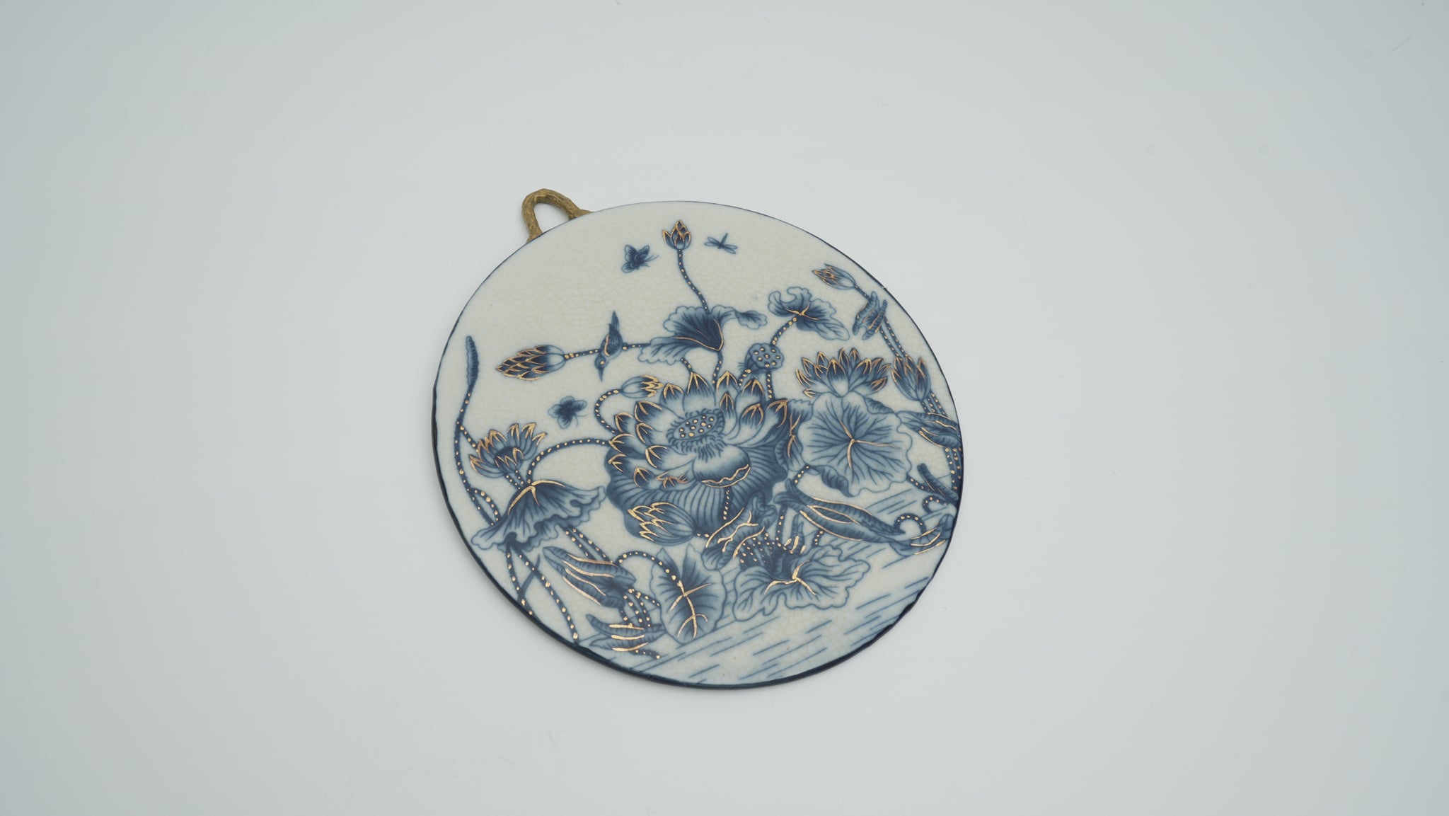 Small-sized Blue and White Porcelain Plaque with Lotus Pattern for Wall Hanging