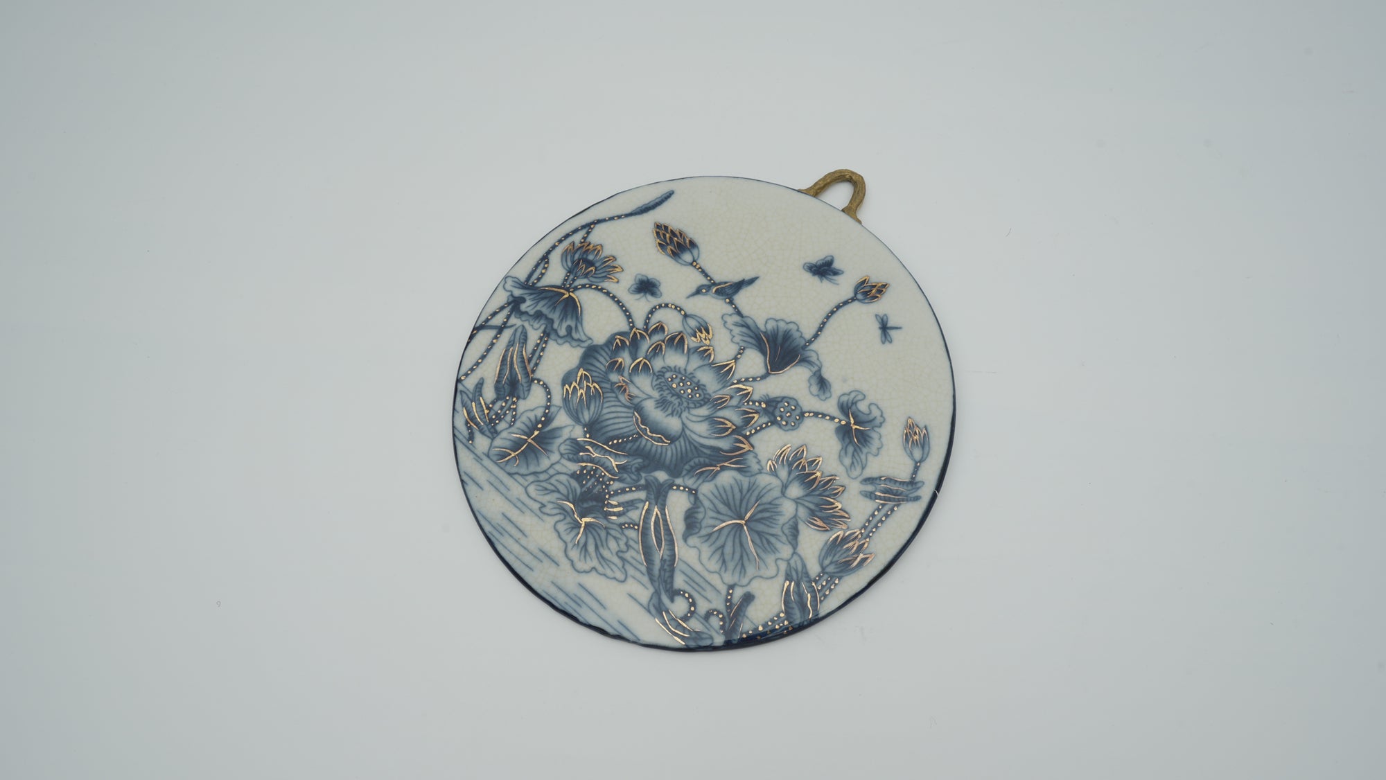 Small-sized Blue and White Porcelain Plaque with Lotus Pattern for Wall Hanging