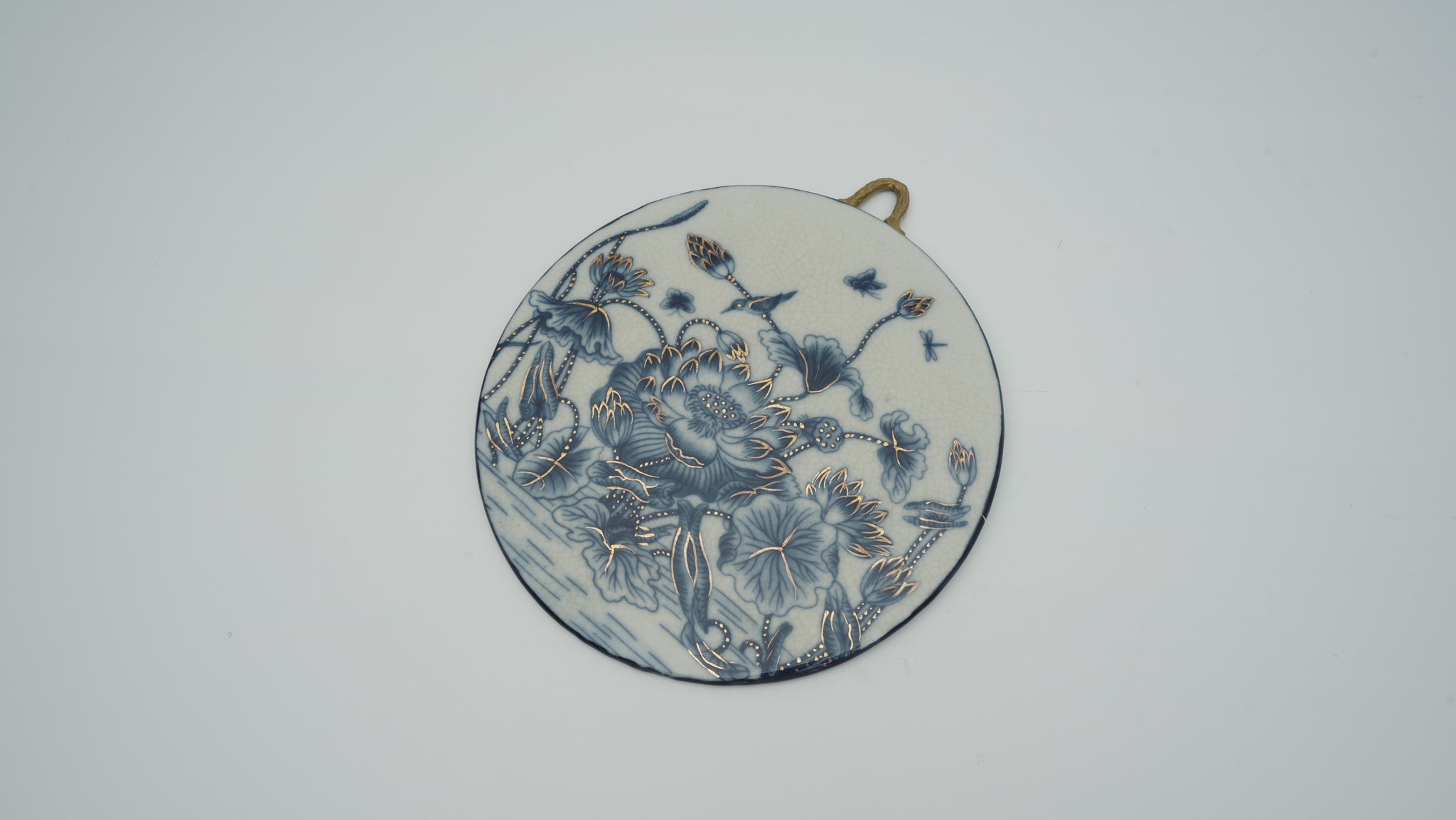 Small-sized Blue and White Porcelain Plaque with Lotus Pattern for Wall Hanging