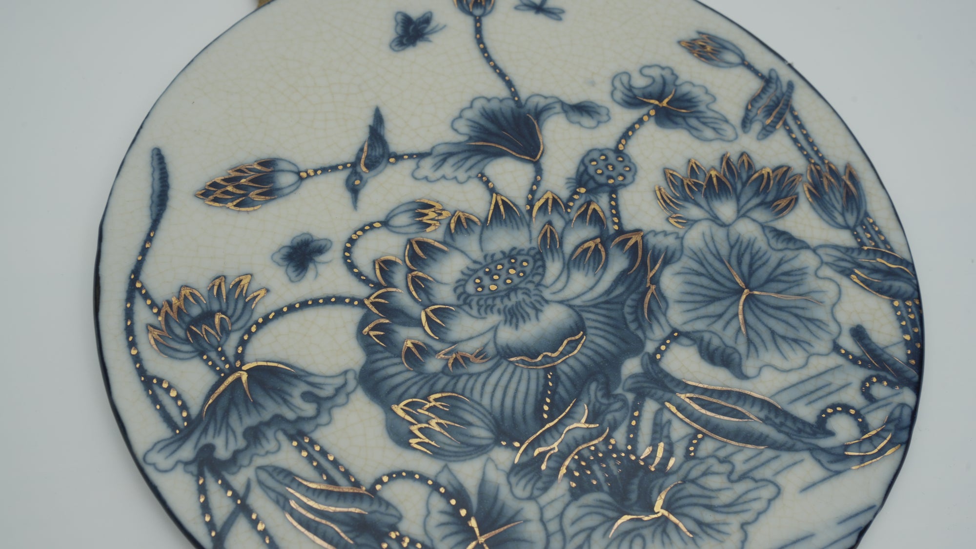 Small-sized Blue and White Porcelain Plaque with Lotus Pattern for Wall Hanging