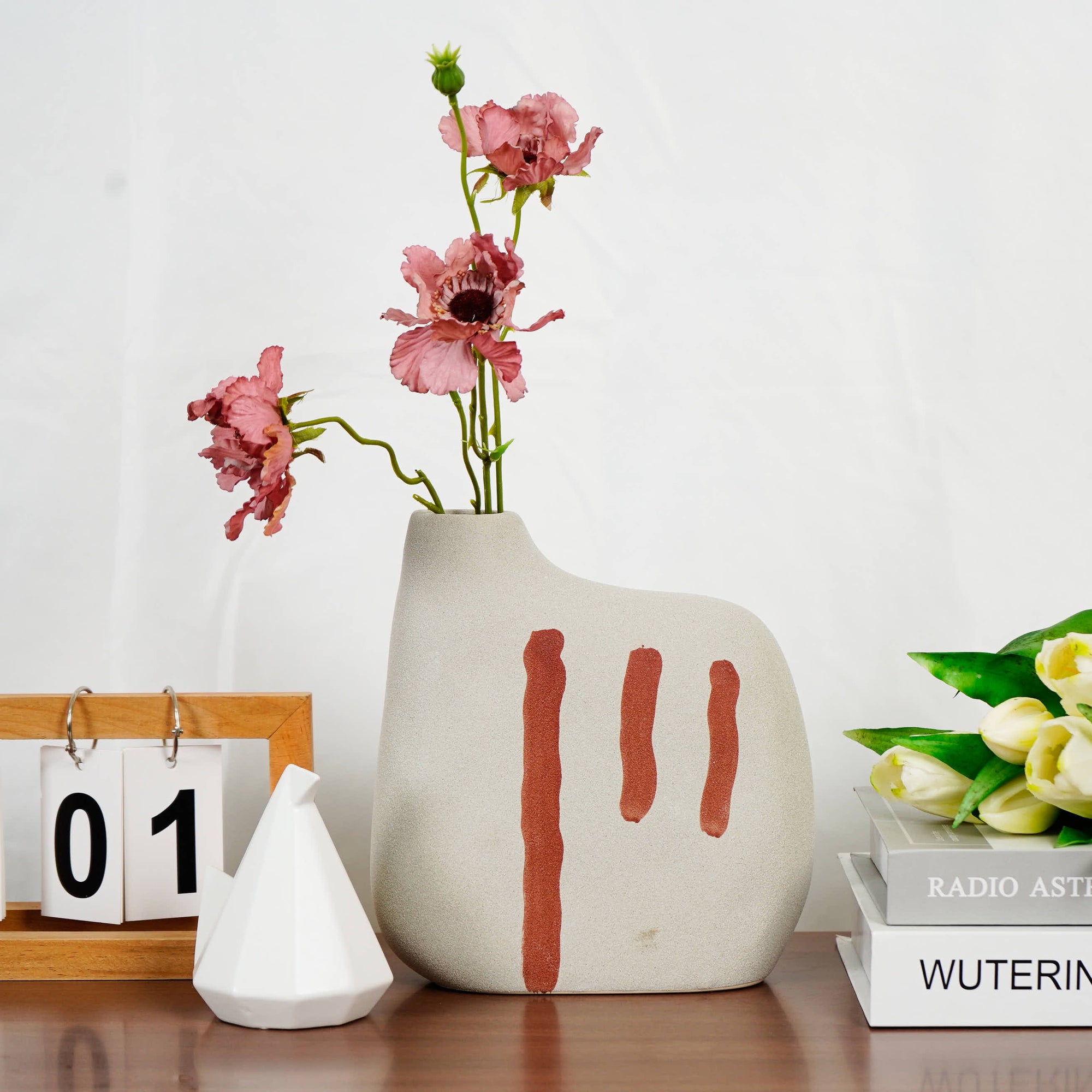 Ceramic Vase 1 Flower Beige with Red Picture