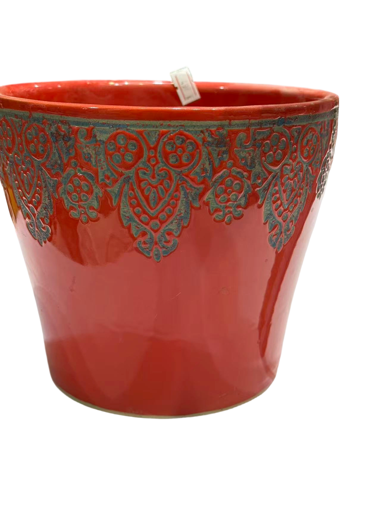 Red with Blue Floral & Fruit Pattern Ceramic Planter
