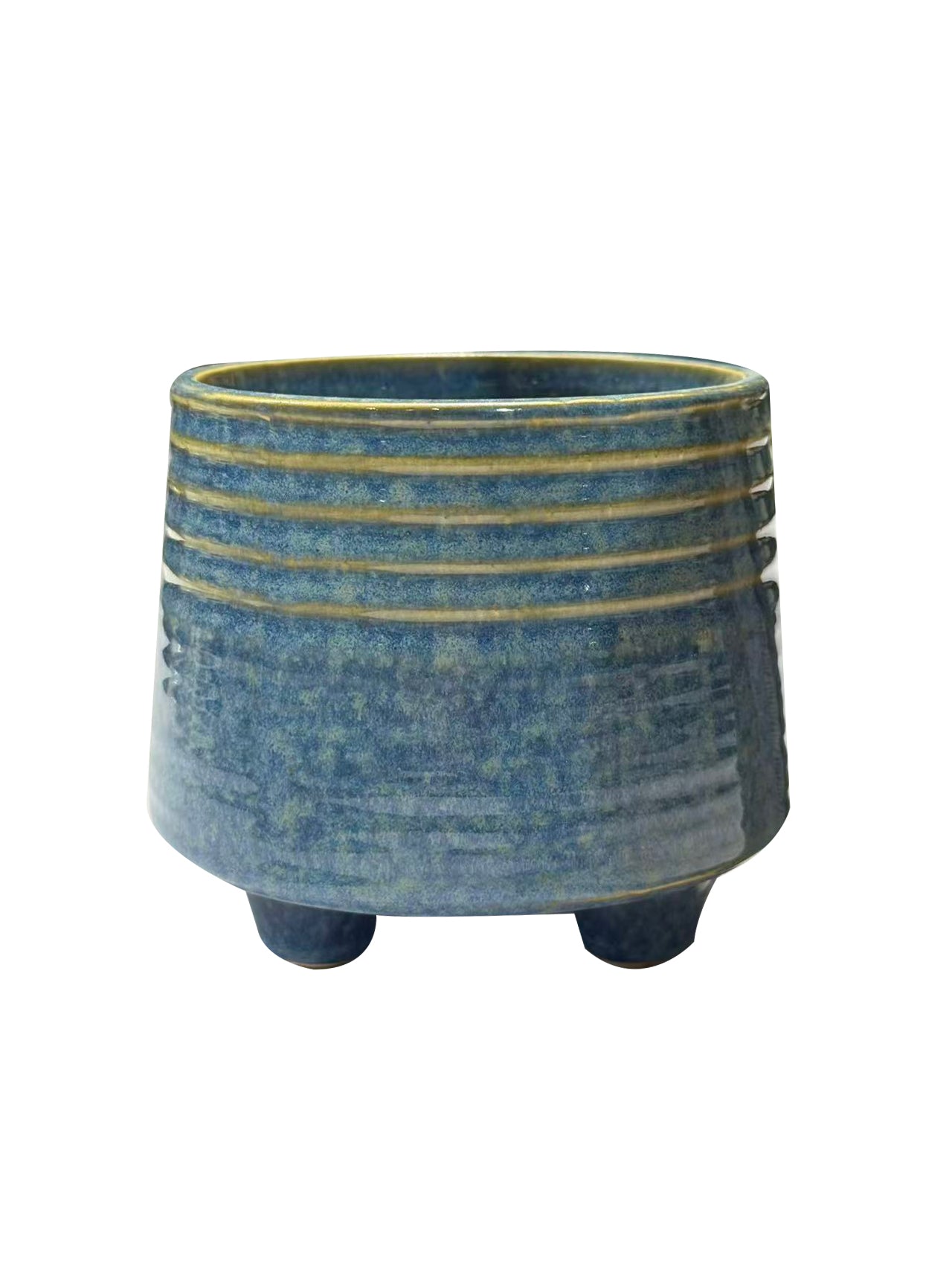 Blue Glazed Ring-Pattern Three-Leg Ceramic Planter