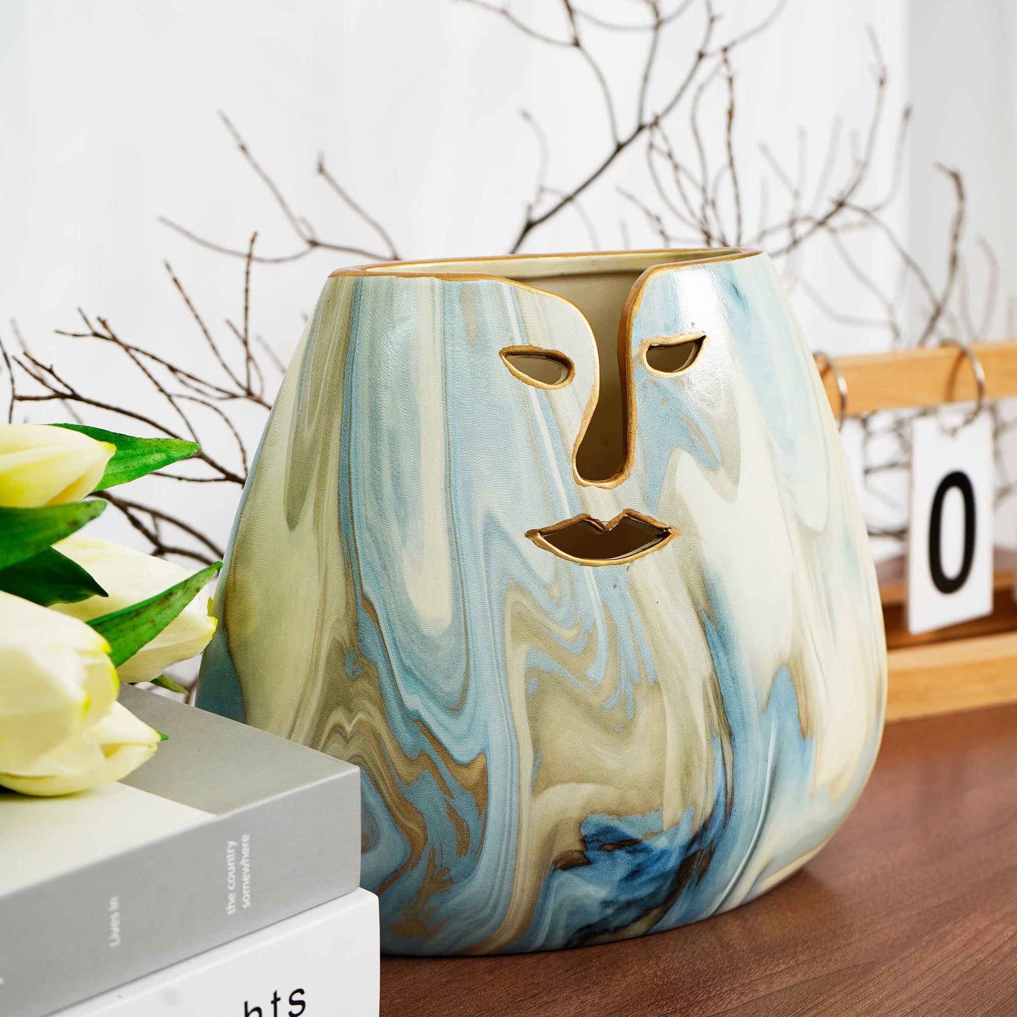 Ceramic Vase face blue white 19.5×8.5×18