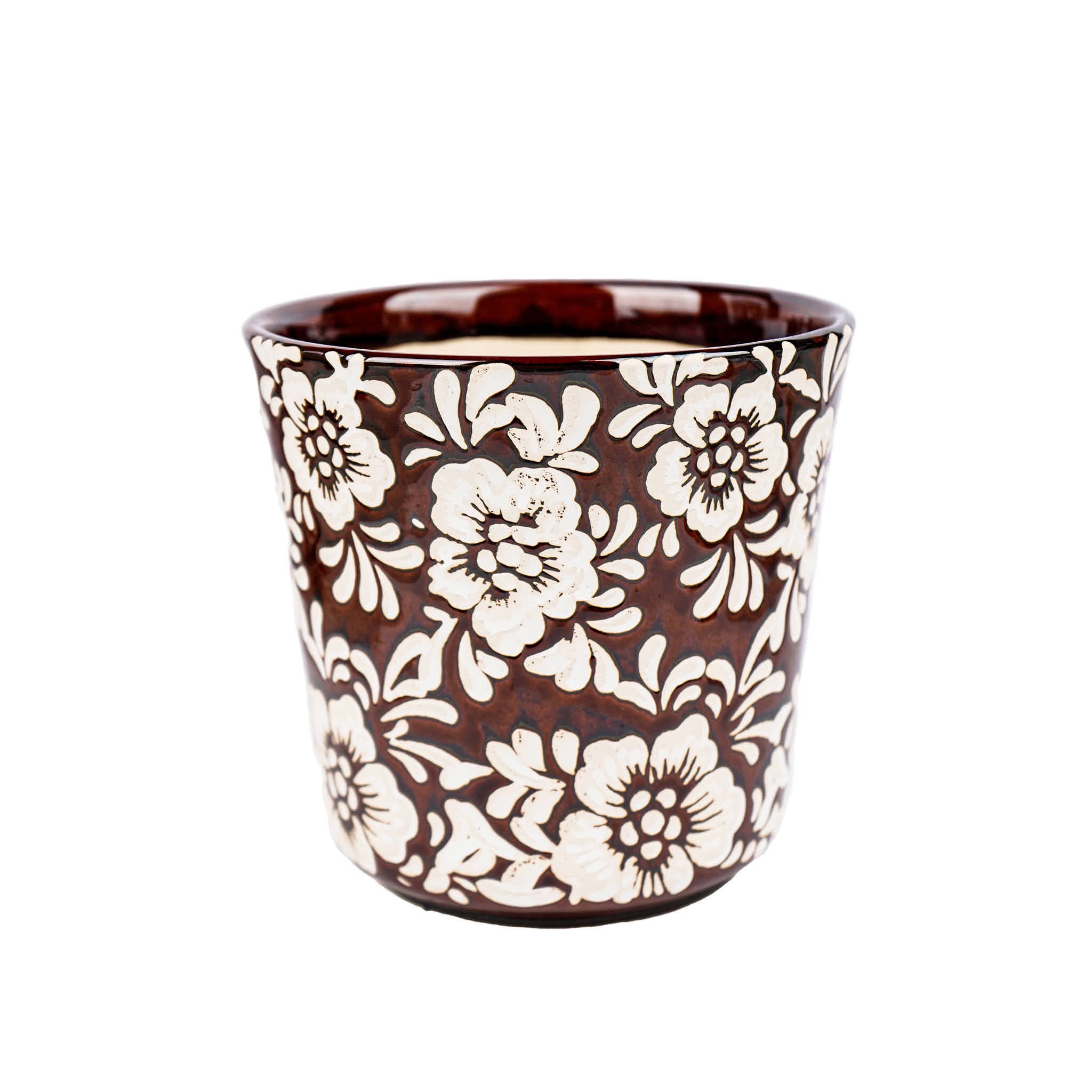 Deep Red White Flower Ceramic Pot