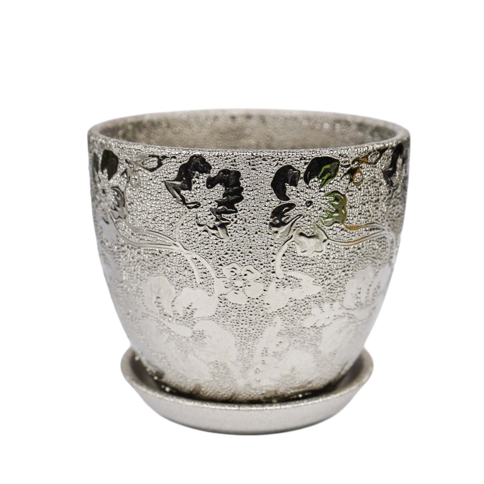 Silver With Flower Ceramic Pot