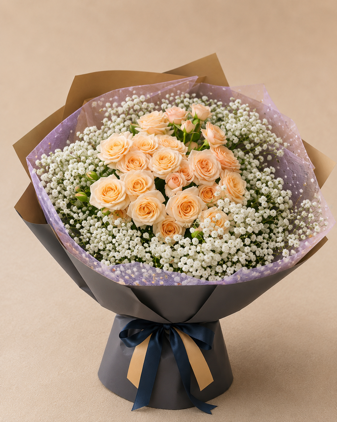 Peach Roses Baby Breath Bouquet