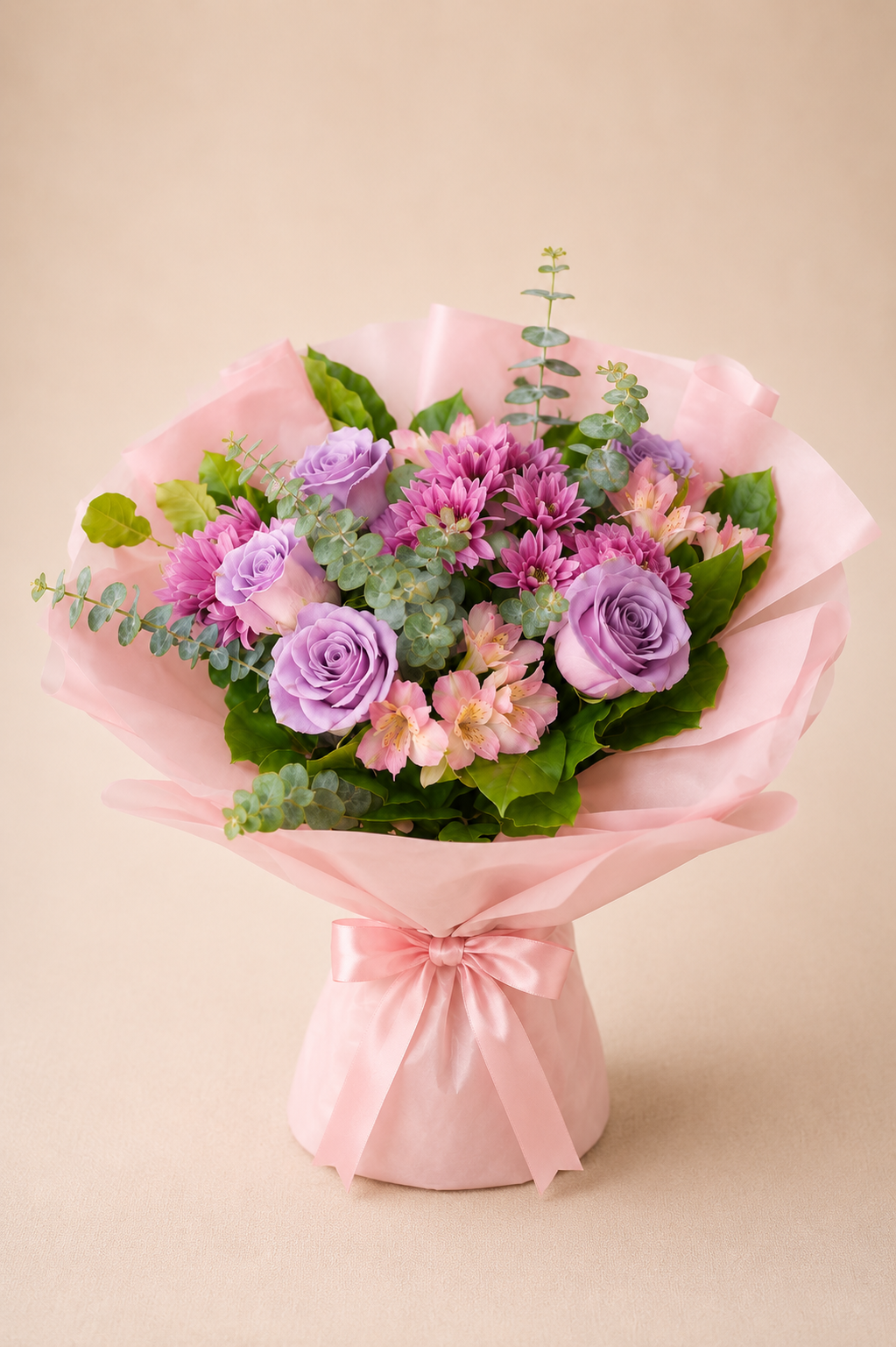 Purple Roses Pink Daisy Bouquet