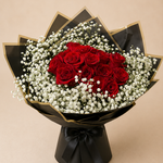 Red Roses Baby's Breath Black Wrap