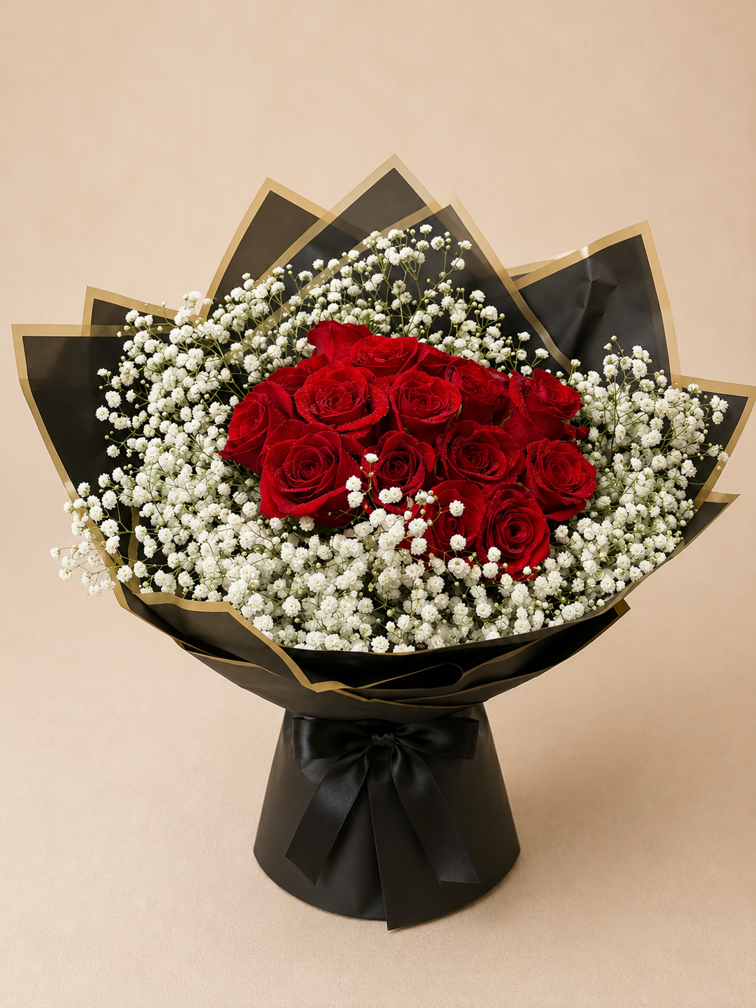 Red Roses Baby's Breath Black Wrap