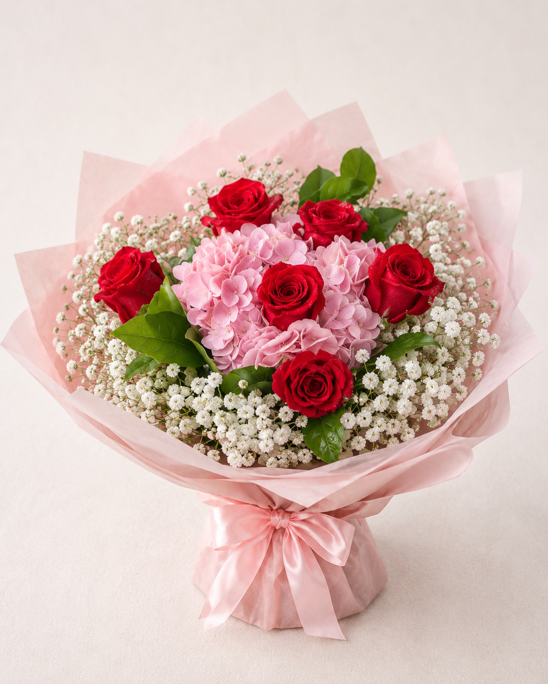 Red Roses Pink Hydrangea Bouquet